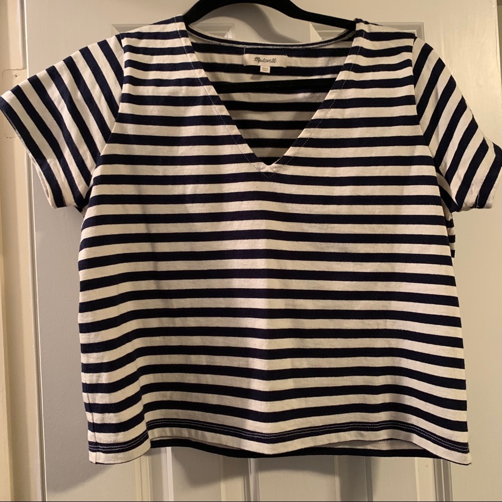 Madewell V Neck Navy and Cream Striped Shirt